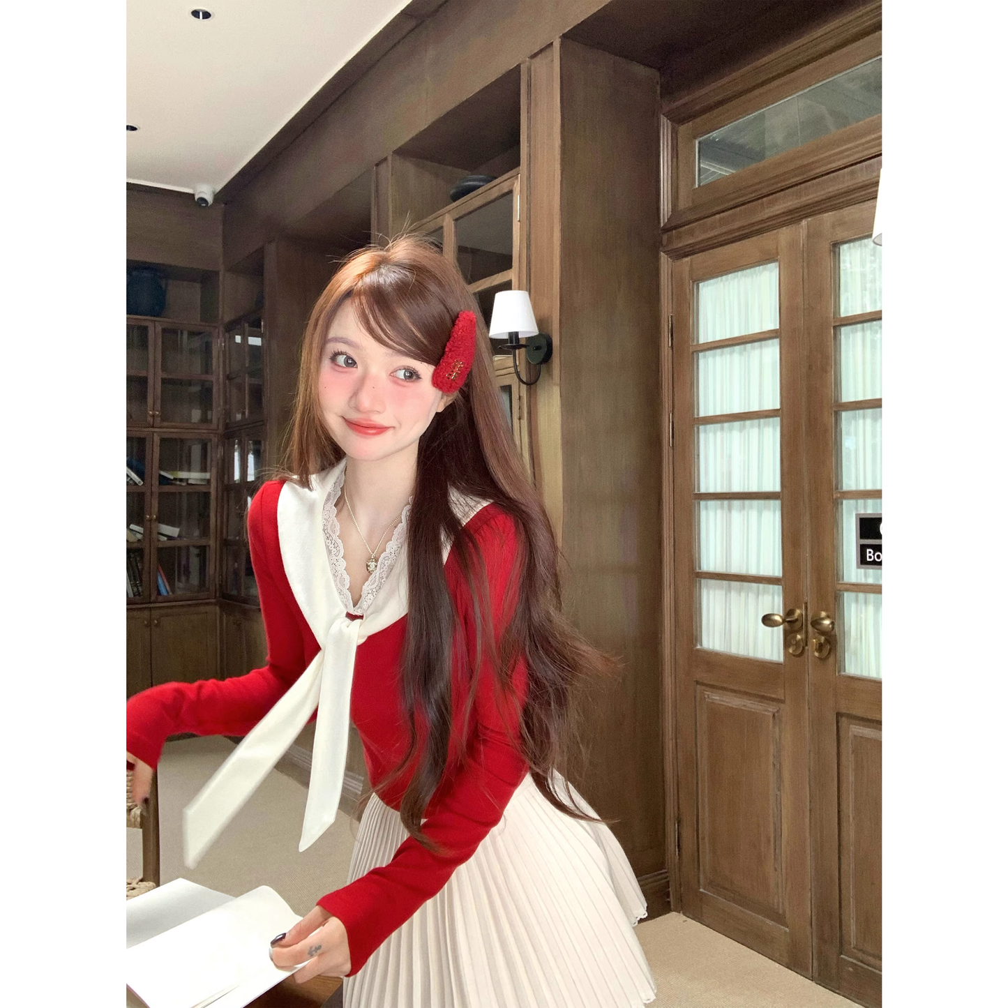 Red women's cable knit sweater for autumn and winter A19