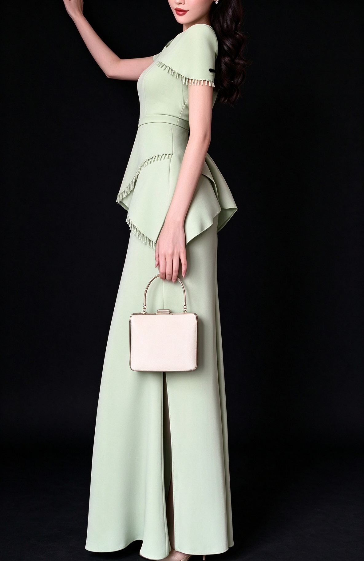 Elegant Round Neck Cape Sleeve Light Green Polyester Tassel Peplum Split Evening Gown For Formal Event fg9007