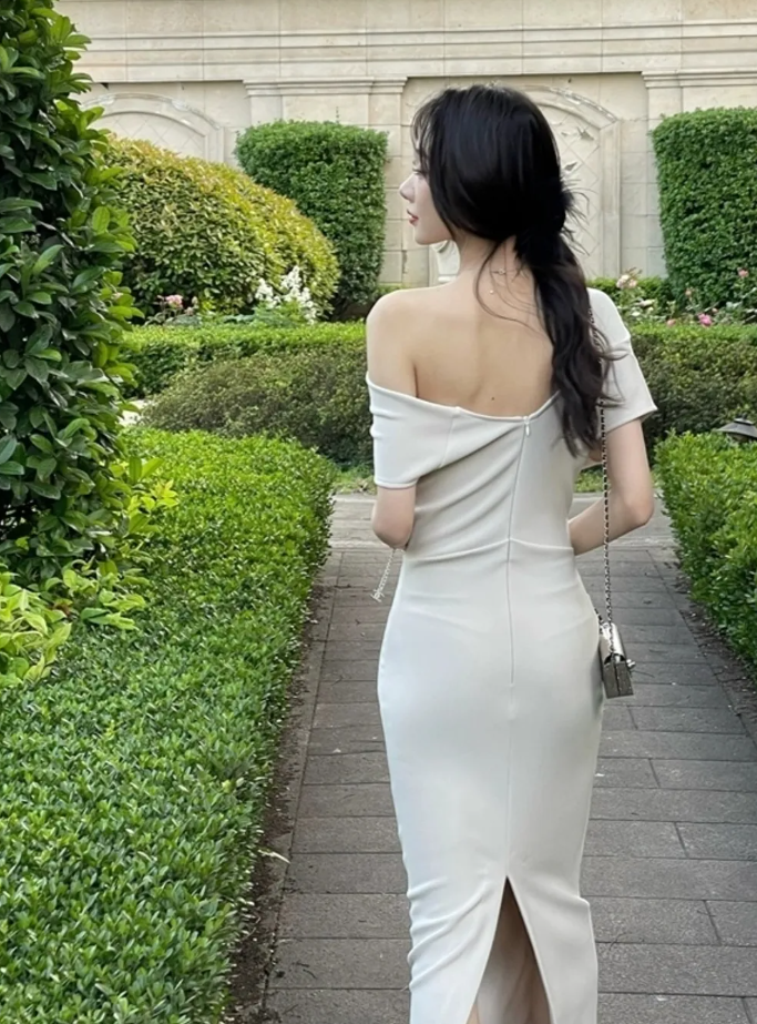Robe plissée asymétrique extensible pour femme, robe de soirée tendance fg6850
