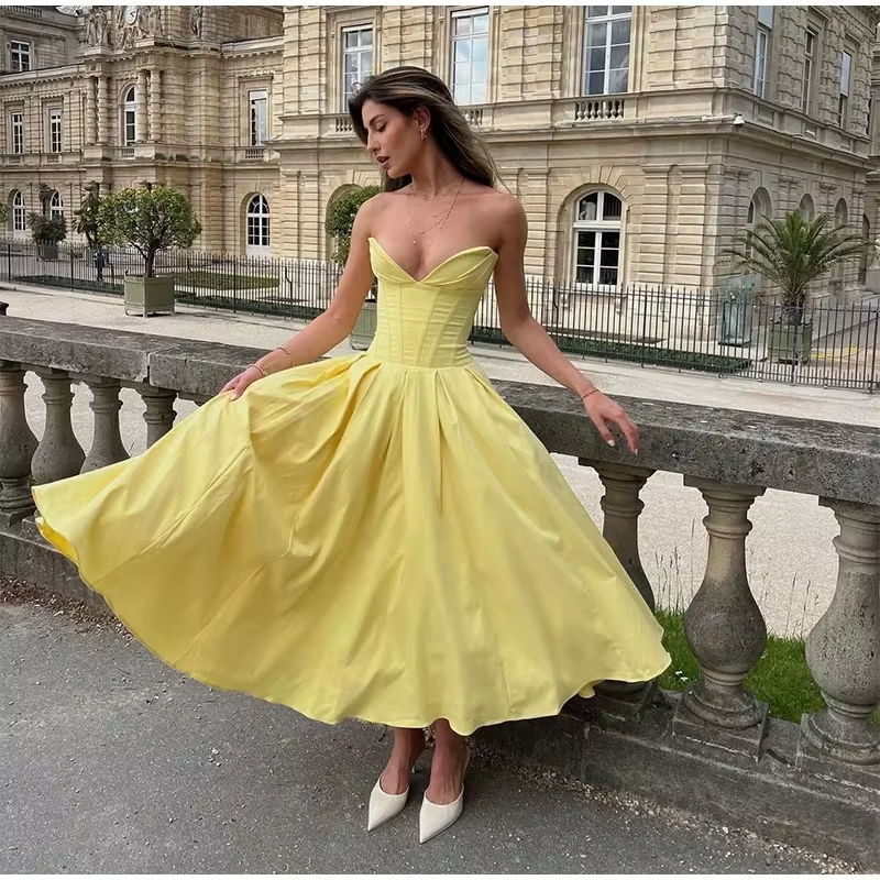 Robe longue plissée sans bretelles pour femme, simple, tendance, sexy, sans manches, coupe trapèze, robe de soirée, fg6847