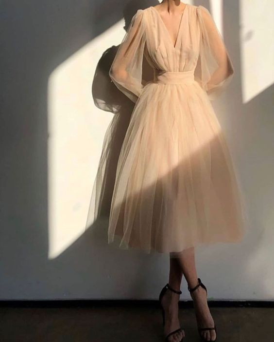Robe de soirée courte trapèze, col en V, manches longues bouffantes, tulle, robe de bal formelle pour remise de diplôme, fg2856