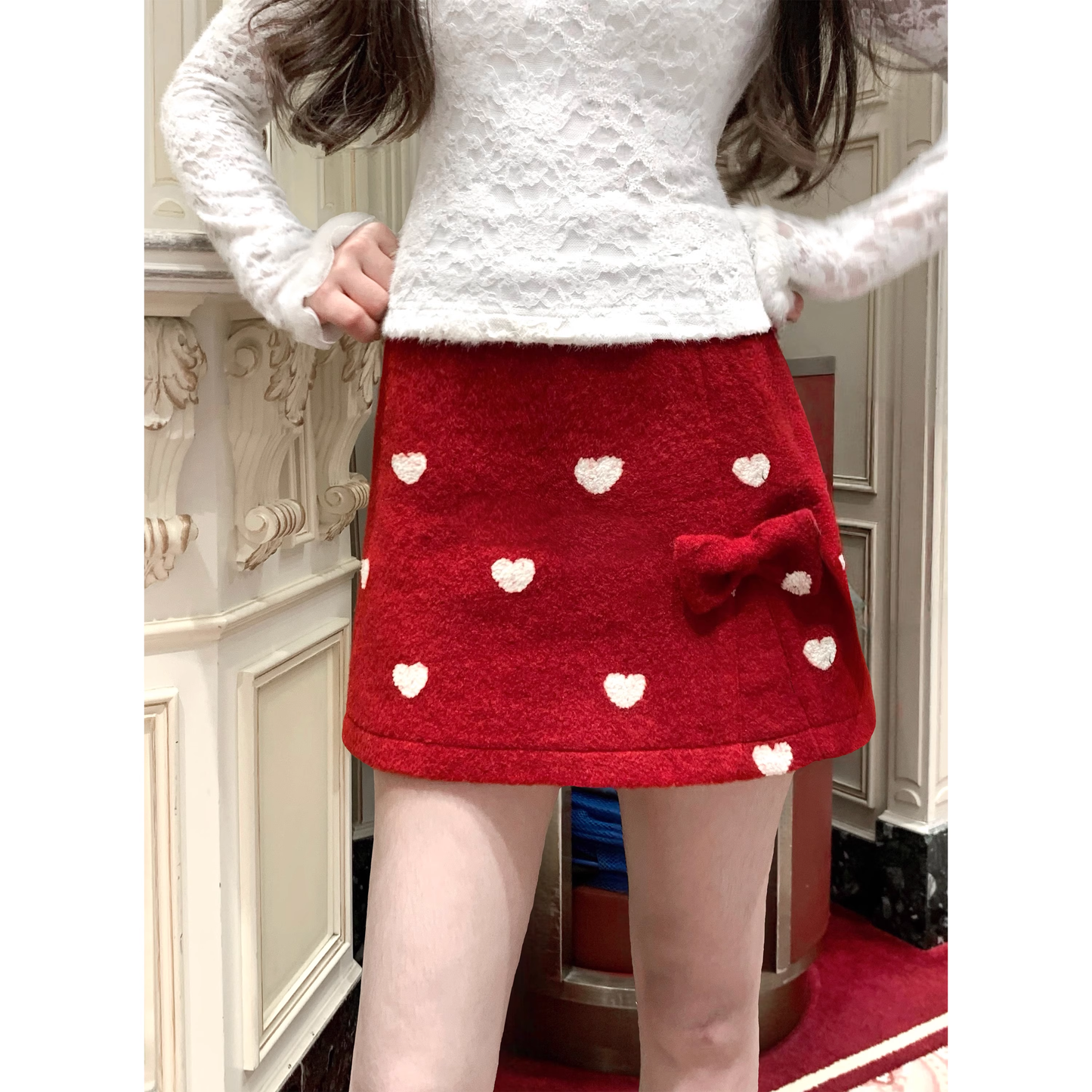 Red embroidered wool A-line skirt A110