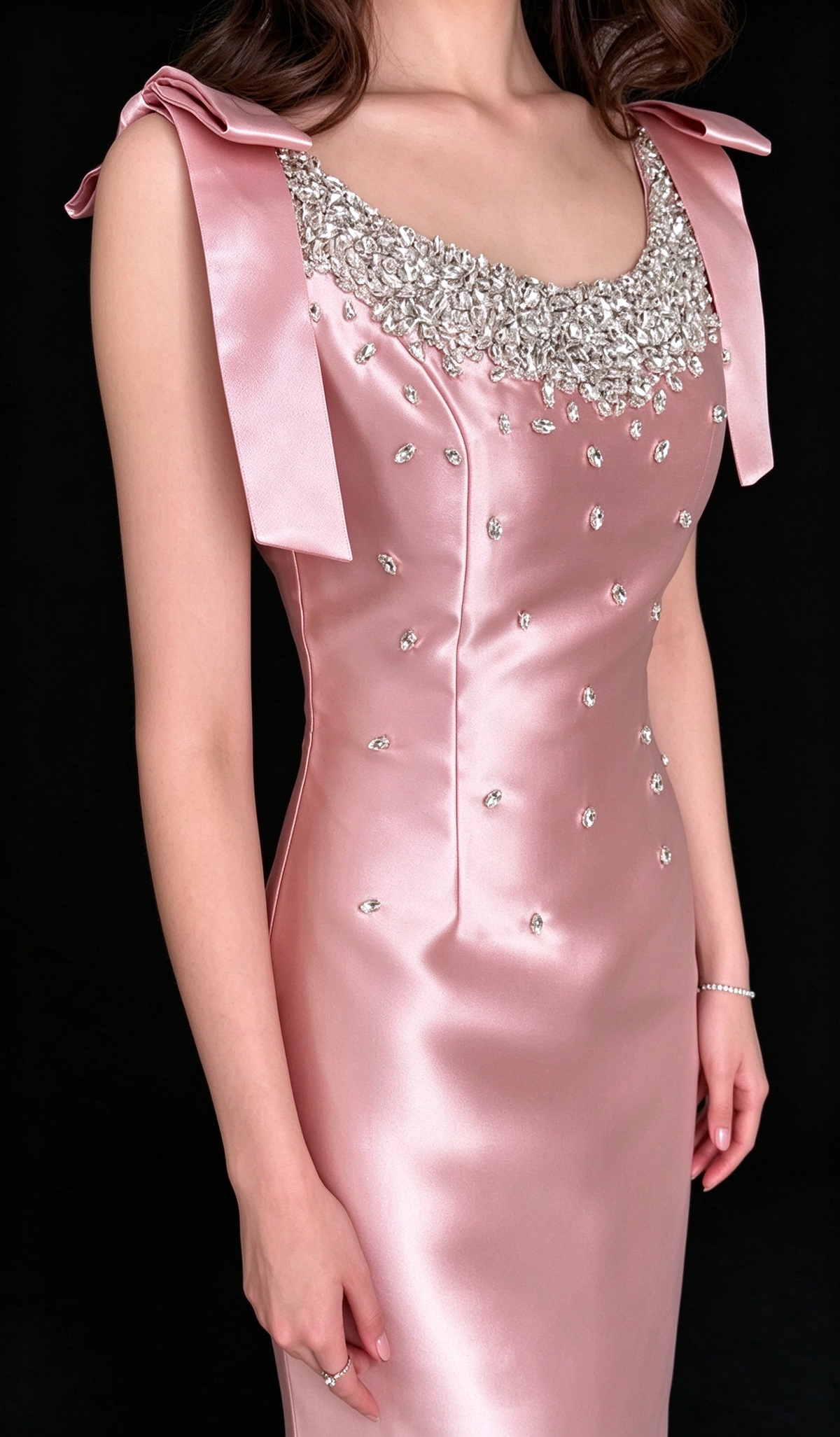 Elegant U-Neck Bow Strap Satin Midi Evening Dress With Rhinestone Embellishment For Banquet fg9008