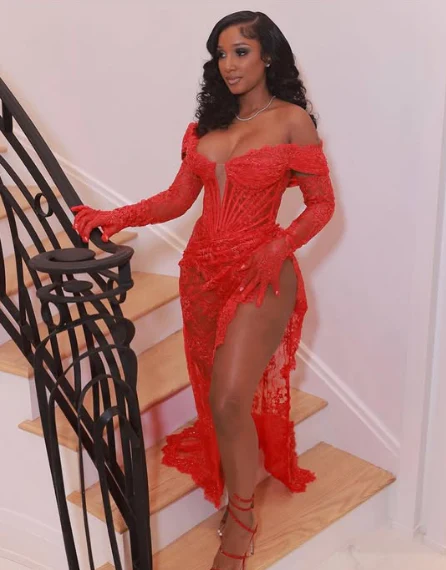 Sexy Lace Slit Mermaid Prom Dress Red Evening Dress fg8543