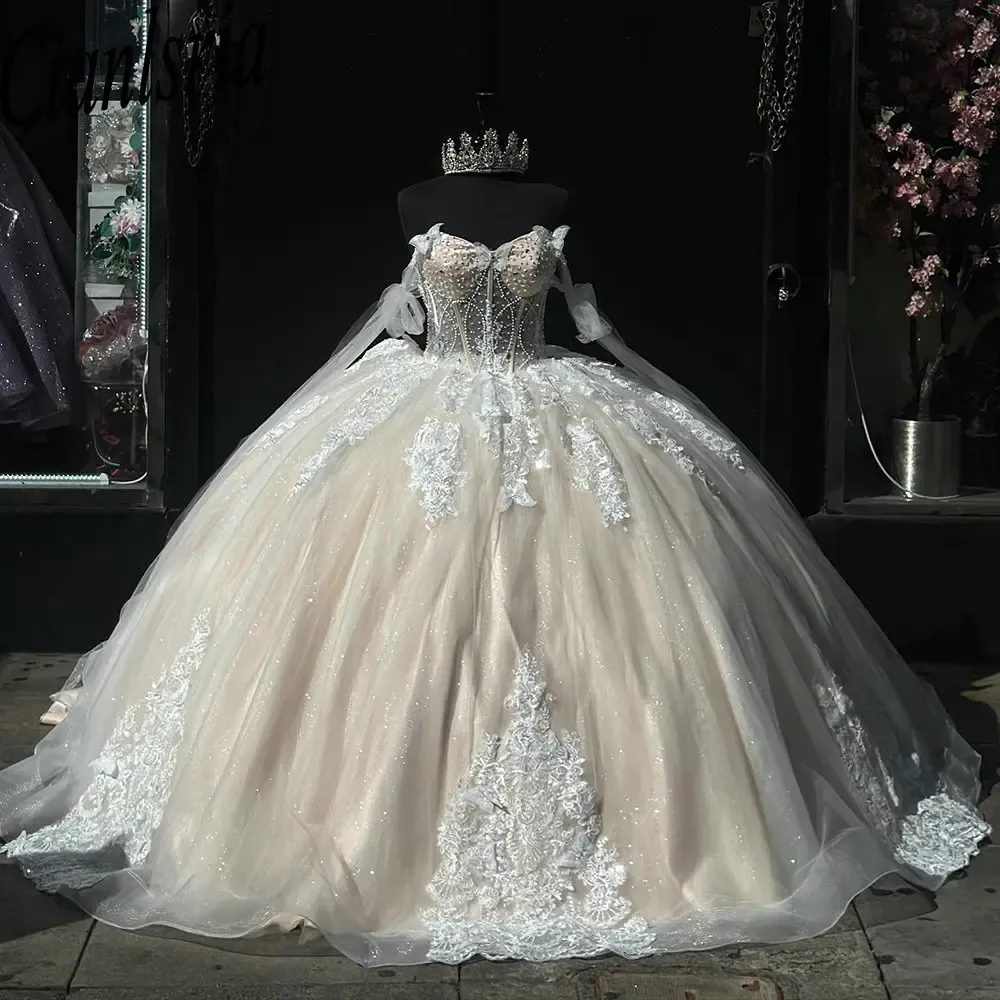 Shimmering Champagne Beaded Pearls Illusion Ball Gown Quinceanera Dres formalgowns Shimmering Champagne Beaded Pearls Illusion Ball Gown Quinceanera Dres formalgowns
