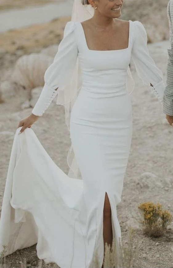 square neckline wedding dress Stacees Bridal Classic A-line Court Train Stretch Crepe Pleated Pockets Slit Expertly gathered at the waist Sparkling Square Neckline A-Line Wedding