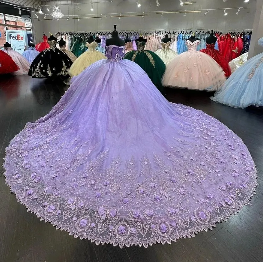 Robe de bal de fin d'année violette style mexicain, décolleté en cœur, avec appliques perlées, corset, fleurs 3D, pour les 16 ans, fg6842