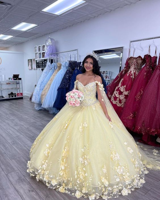 Robe de bal Quinceanera avec cape, robe princesse à fleurs 3D, robe de bal fg4650