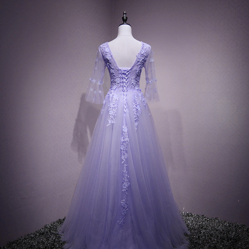 Purple Tulle Flower And Lace Short Sleeves Tulle Long Formal Dress,a-line Lavender Party Dress Prom Dress fg4486