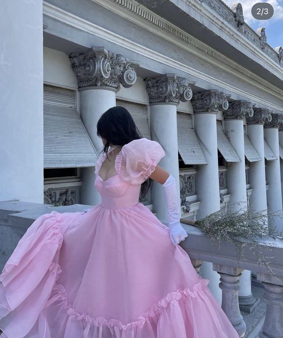 Robe de bal trapèze rose vintage, robe princesse rose fg5427