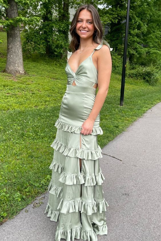 Sheath V Neck Sage Green Satin Long Prom Evening Dresses With Slit fg4 formalgowns Sheath V Neck Sage Green Satin Long Prom Evening Dresses With Slit fg4 formalgowns