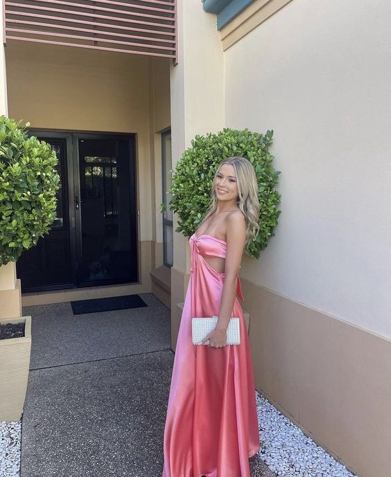 Pink Sweetheart Satin Backless Prom Dress Long Party Dress fg5086