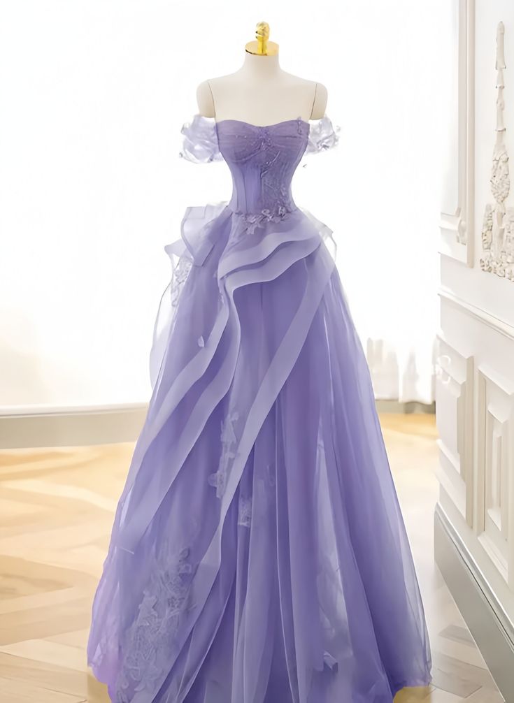 A-Line Off Shoulder Tulle Lace Purple Long Prom Dress, Purple Lace Long Formal Dress fg4857