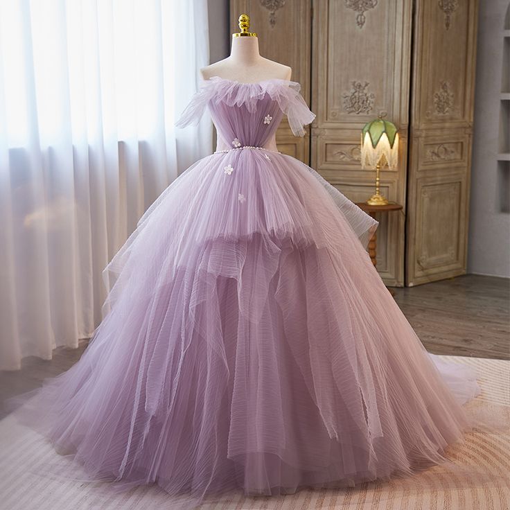 Elegant Lavender Cascading Ruffles Appliques Prom Dresses fg4417
