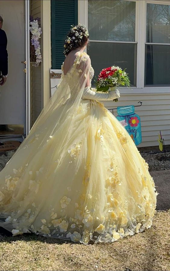 Robe de bal Quinceanera avec cape, robe princesse à fleurs 3D, robe de bal fg4650
