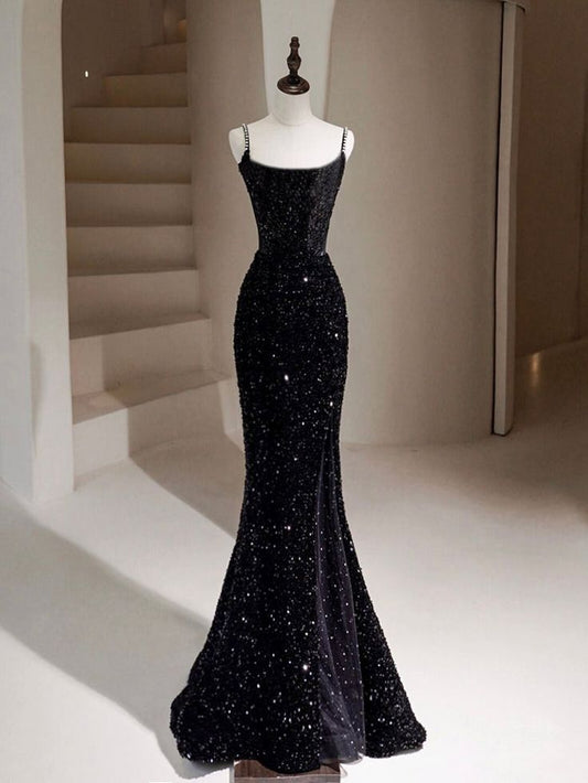 Schwarzes langes Ballkleid mit Pailletten im Meerjungfrauen-Stil, schwarzes Abendkleid fg5019