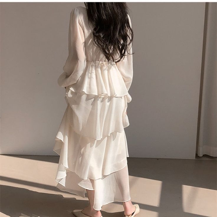 Casual Dresses V Neck Layered Ruffle Lantern Long Sleeve Cake Dress fg4753