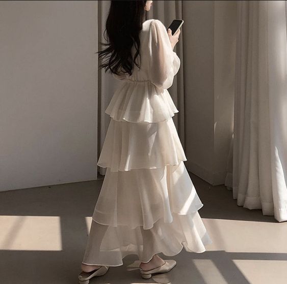Casual Dresses V Neck Layered Ruffle Lantern Long Sleeve Cake Dress fg4753