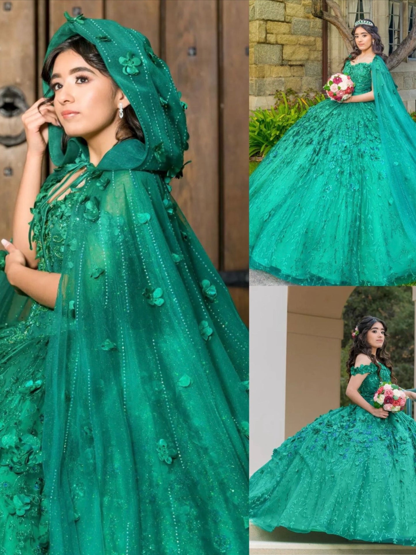 Grüne funkelnde Quinceanera-Kleider mit Cape-Quasten Sweet 16 Kleider Ballkleid 3D-Blumen Tüll Geburtstagskleider fg4570