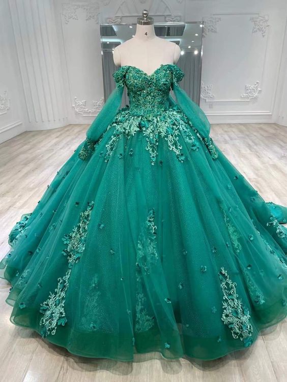 Princess Green Appliques Ball Gown Quinceanera Dress Sweetheart Off Sh formalgowns Princess Green Appliques Ball Gown Quinceanera Dress Sweetheart Off Sh formalgowns