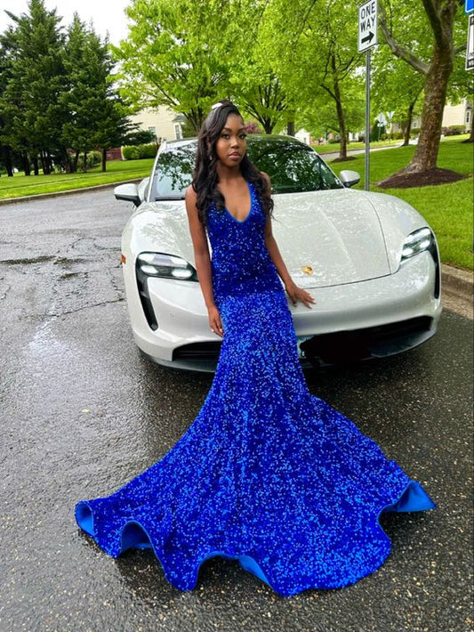 Robe de bal sirène longue bleu roi à sequins fg5141