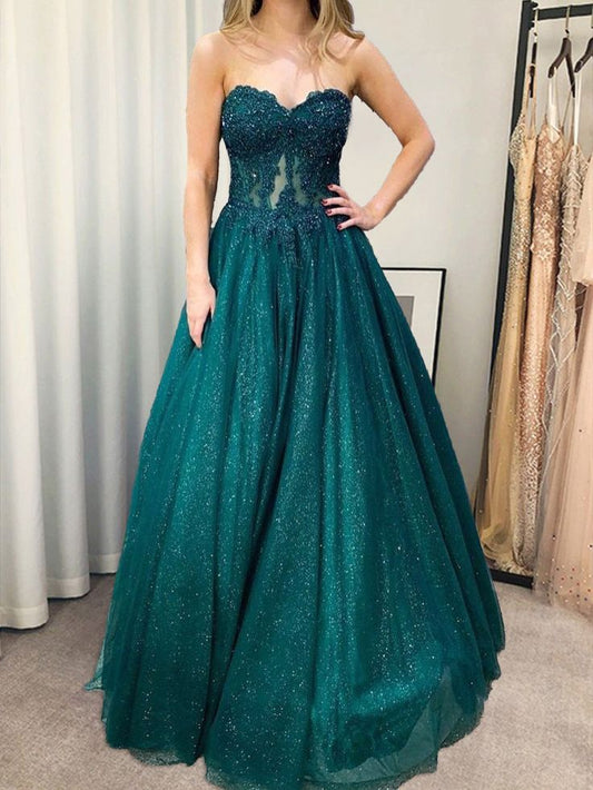 Trägerloses langes Ballkleid aus grüner Spitze, langes formelles Abendkleid aus grün-blauer Spitze fg4423