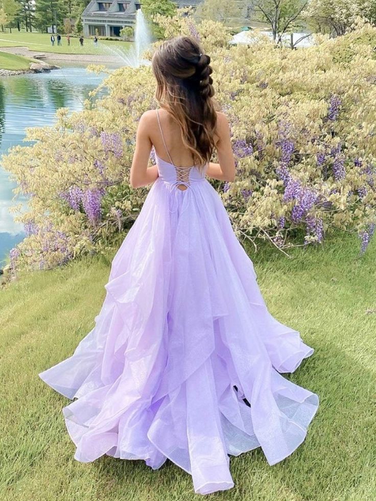 Lila V-Ausschnitt Tüll Langes Ballkleid Lila Abendkleid fg4772