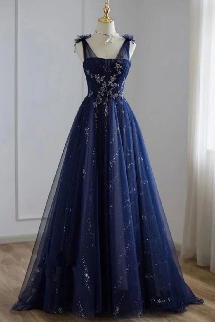 A Line Navy blue Tulle Beaded V Neckline Party Dress, Navy Blue Shiny formalgowns A Line Navy blue Tulle Beaded V Neckline Party Dress, Navy Blue Shiny formalgowns
