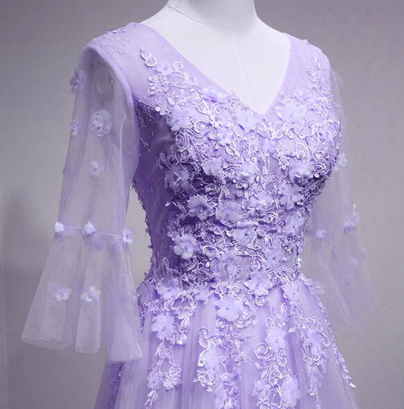Purple Tulle Flower And Lace Short Sleeves Tulle Long Formal Dress,a-line Lavender Party Dress Prom Dress fg4486