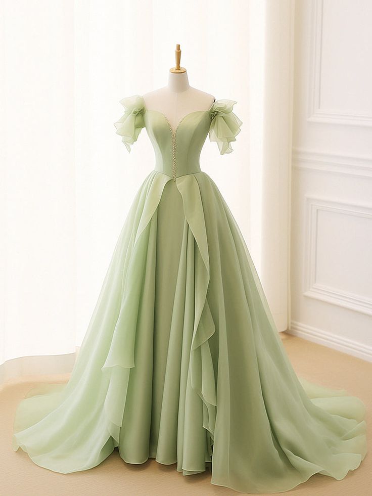 A-Line Green Tulle Long Prom Dress, Green Tulle Long Formal Dress fg4914