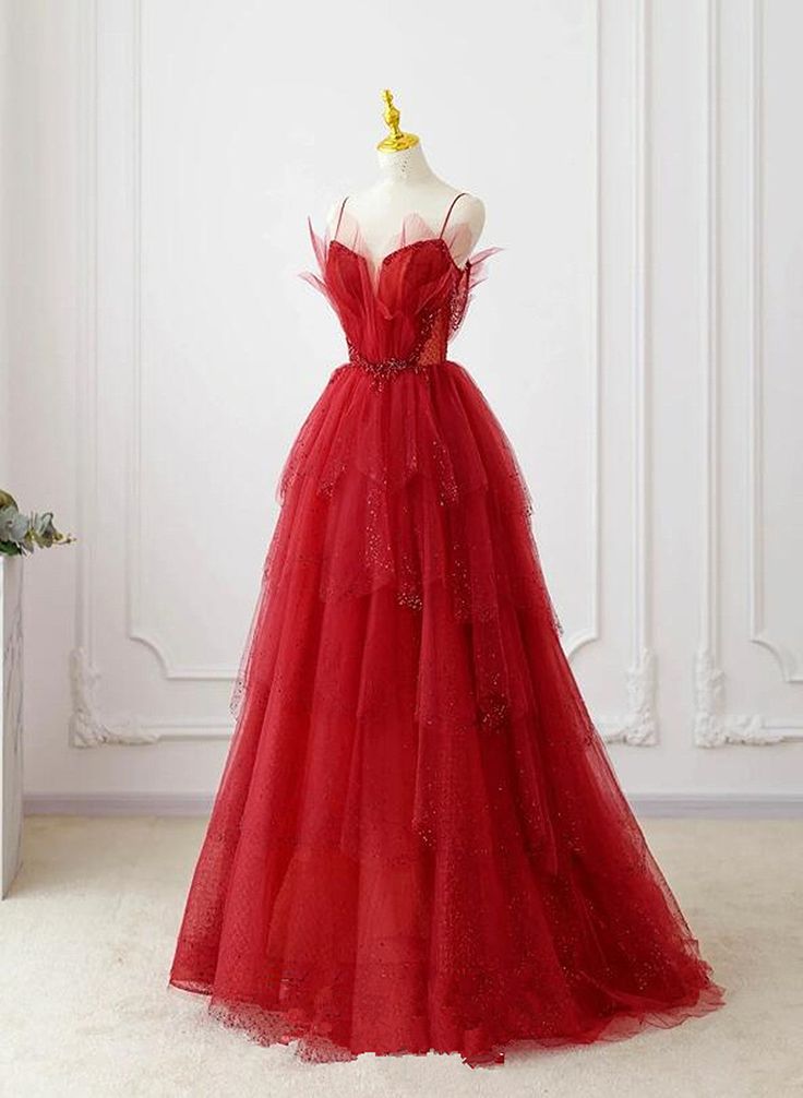 A-line Tulle Layers Red Straps Long Party Dress, Tulle Prom Dress Even formalgowns A-line Tulle Layers Red Straps Long Party Dress, Tulle Prom Dress Even formalgowns