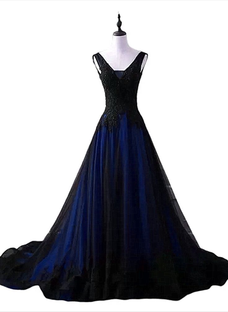Black and Blue V-neckline Lace Applique Long Formal Dress, Black and B formalgowns Black and Blue V-neckline Lace Applique Long Formal Dress, Black and B formalgowns