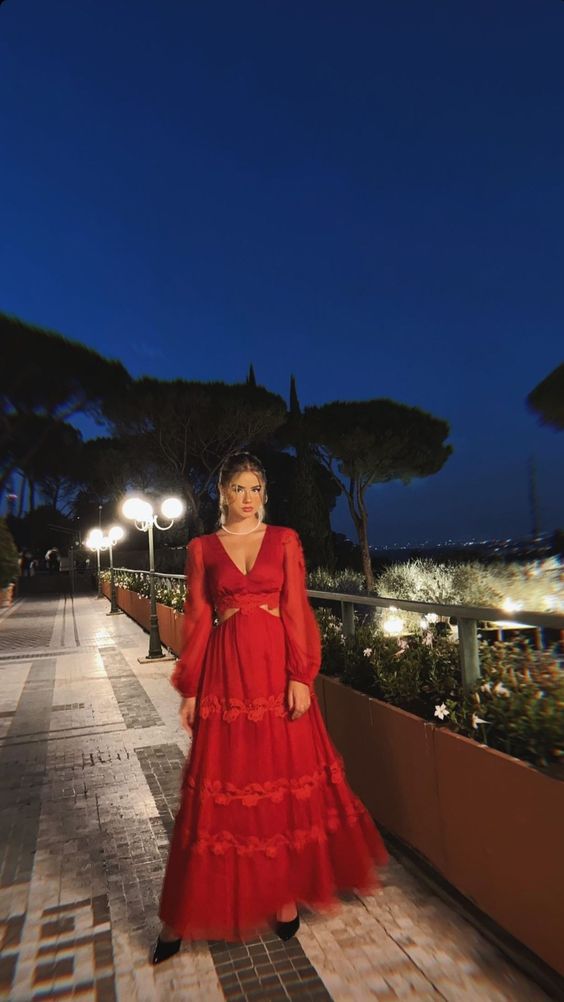 Red Long Sleeves A-line Prom Dress,Red Evening Dress fg4598
