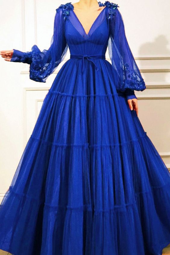 Elegant Royal Blue Prom Dresses Long Sleeves V-neck With 3D Flowers fg formalgowns Elegant Royal Blue Prom Dresses Long Sleeves V-neck With 3D Flowers fg formalgowns