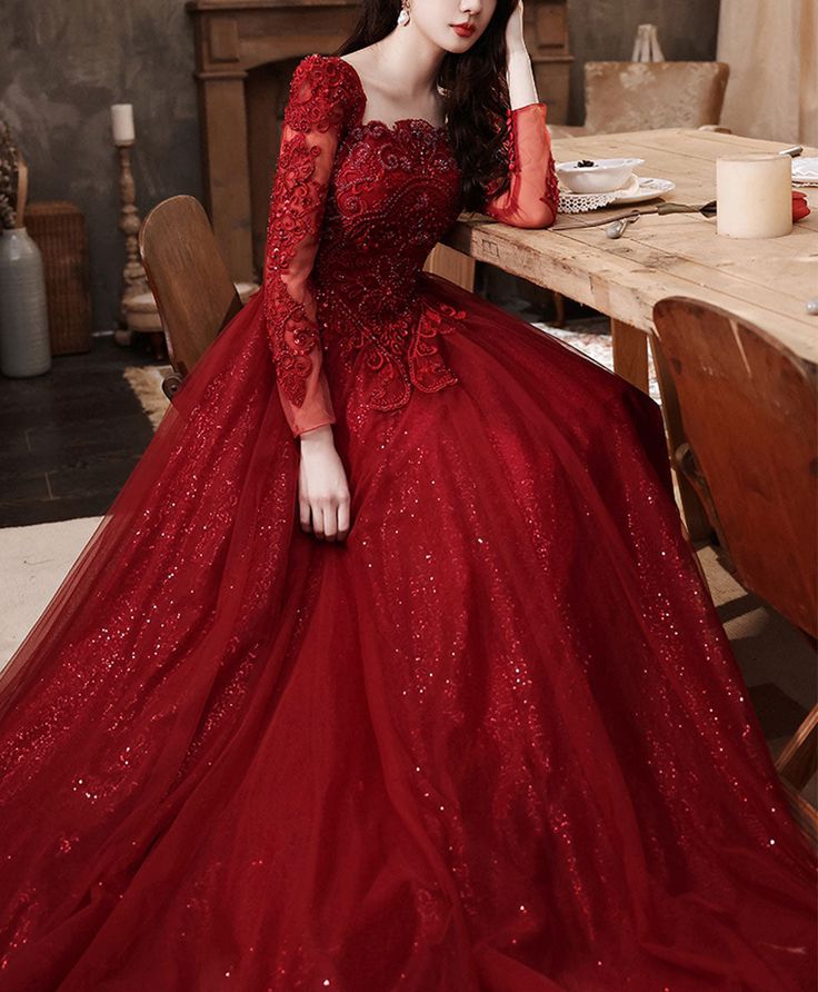 Robe de bal longue en dentelle bordeaux Aline, robe de soirée en tulle bordeaux fg5618