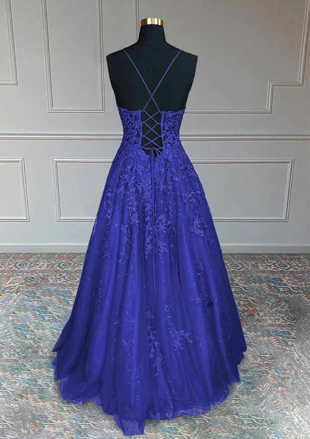Königsblaue Ballkleider, A-Linie, V-Ausschnitt, Spaghettiträger, langes/bodenlanges Tüll-Ballkleid mit applizierten Perlen und Glitzer fg5413