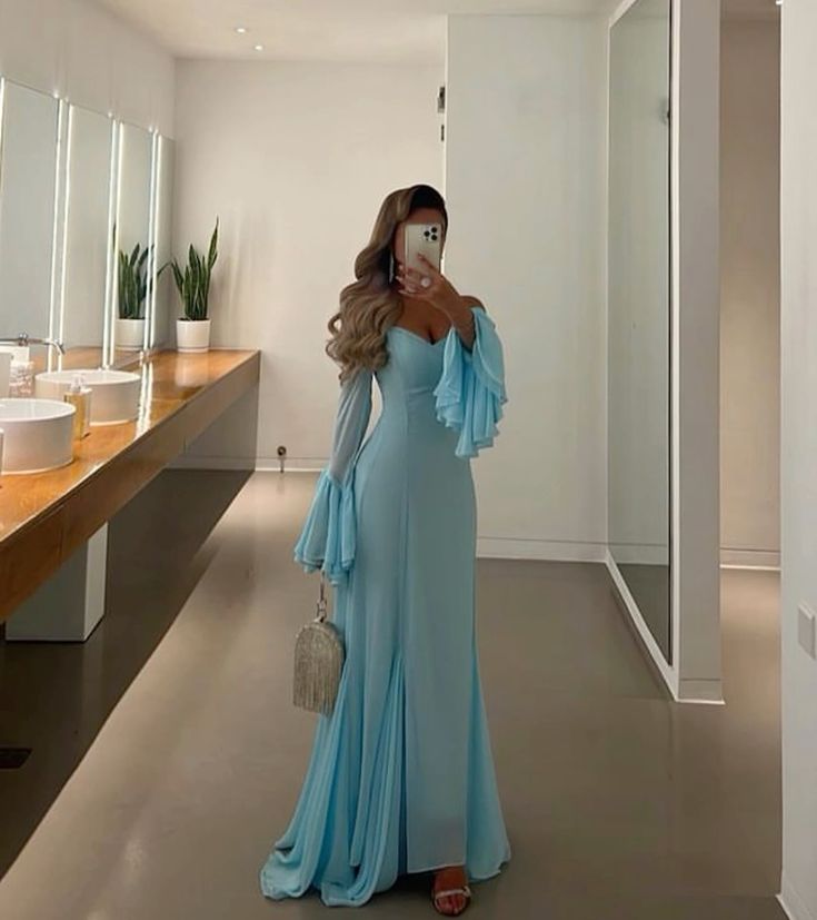 Blue Chiffon Prom Dresses Women Long Sleeves Formal Wedding Party Dres formalgowns Blue Chiffon Prom Dresses Women Long Sleeves Formal Wedding Party Dres formalgowns