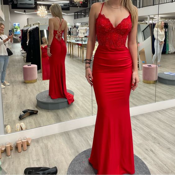 Red Prom Dresses V Neck Long Evening Gown fg4893