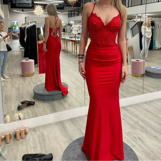 Robe de bal rouge longue à col en V fg4893