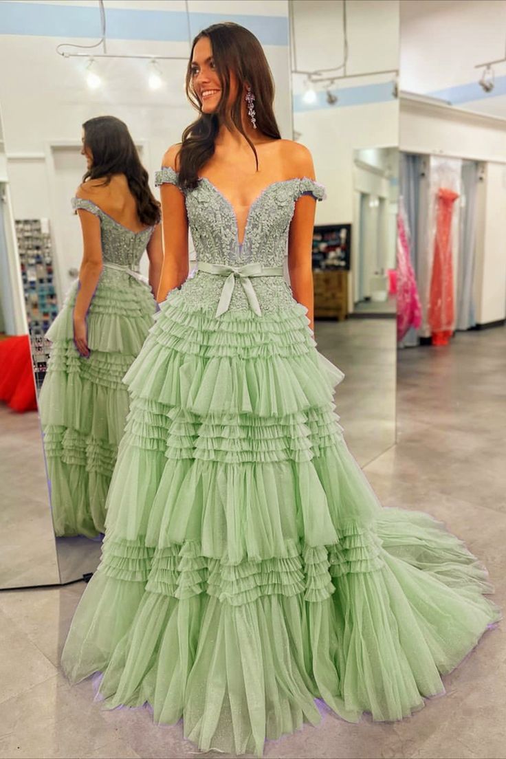 Sage Green Off the Shoulder Tulle Lace Prom Dress with Ruffles fg4407 formalgowns Sage Green Off the Shoulder Tulle Lace Prom Dress with Ruffles fg4407 formalgowns
