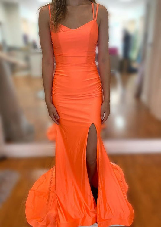 Robe de bal sirène orange à doubles bretelles spaghetti et fente latérale fg4724