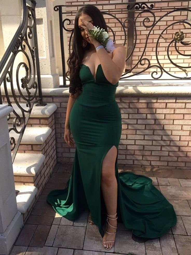 Robe de bal longue verte bustier style sirène fendue avec traîne, robe de soirée verte style sirène fg5043