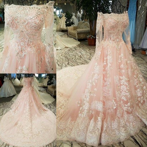 Modest Wedding Dress Long Sleeve Lace Applique Classic A-Line Wedding Dress Pink Bridal Dress With Train    fg5226