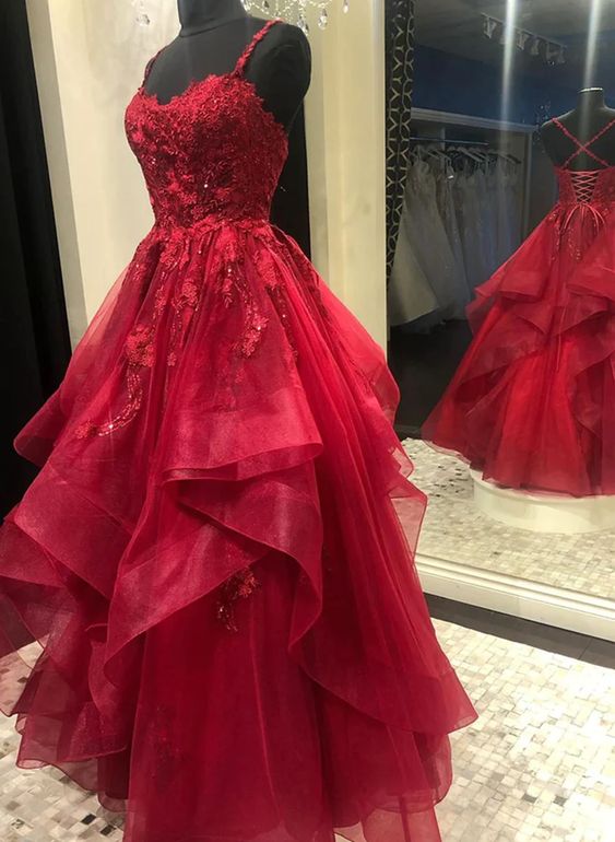 Dark Red Cross Back Tulle Long Formal Dress, Dark Red Evening Dress Pr formalgowns Dark Red Cross Back Tulle Long Formal Dress, Dark Red Evening Dress Pr formalgowns