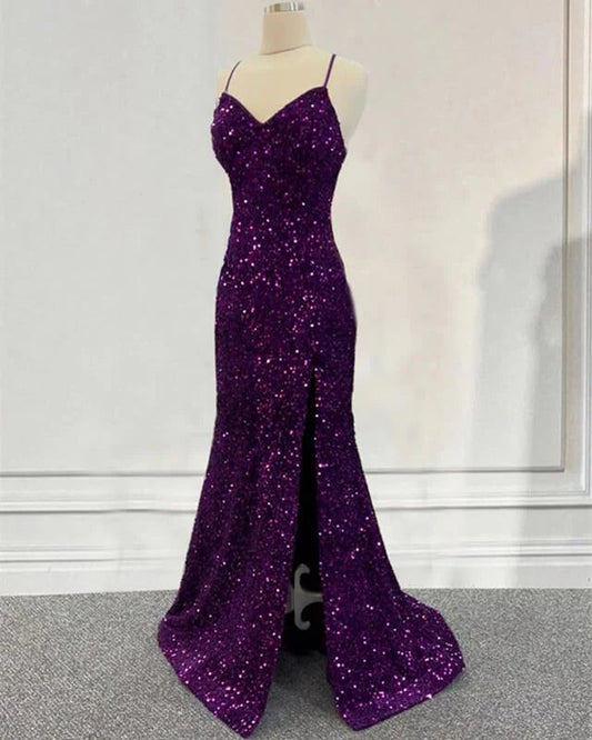 Robe de bal violette à paillettes style sirène, robe de soirée formelle fendue fg4738