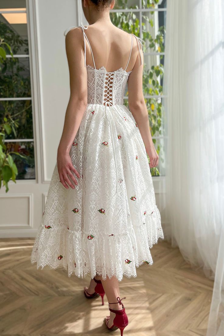 Spaghetti Straps Appliqued Sheer Lace A-Line Tea Length Evening Prom Dress fg4628