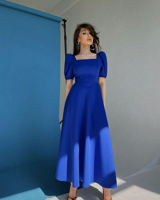 Robe de soirée bleue Royal à col carré, nouvelle collection fg4564