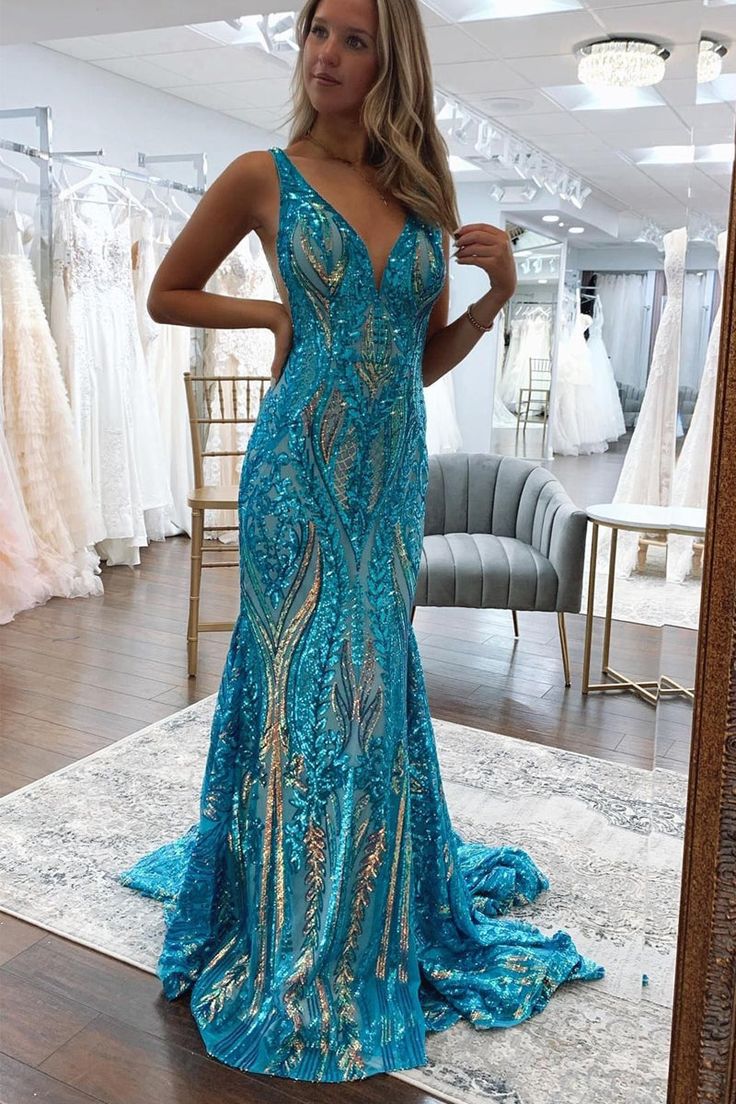 Sparkly Mermaid Deep V Neck Blue & Gold Sequins Lace Long Prom Dresses fg4611 Sparkly Mermaid Deep V Neck Blue & Gold Sequins Lace Long Prom Dresses fg4611