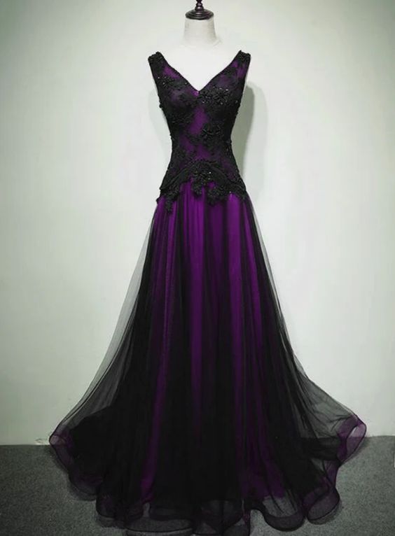 A-line Black and Purple Tulle V-neckline Beaded Prom Dress, Black Tull formalgowns A-line Black and Purple Tulle V-neckline Beaded Prom Dress, Black Tull formalgowns