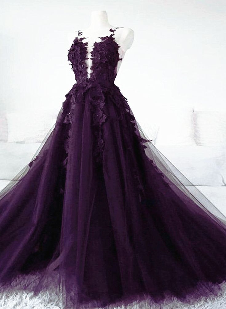 Dark Purple Tulle With Lace Applique Long Wedding Party Dress, Purple formalgowns Dark Purple Tulle With Lace Applique Long Wedding Party Dress, Purple formalgowns